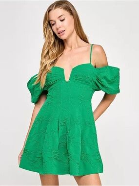 City Streets Bright Green Off-Shoulder Puff-Sleeve Mini Dress
